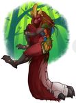  abstract_background anthro bird_wyvern breasts capcom claws crest feathers female forest fur geekidog great_maccau hair hi_res long_hair looking_at_viewer monster_hunter nude pose scalie sharp_teeth side_boob smile solo tail_stand teeth thick_tail toe_claws tree video_games watermark 