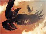  2015 ambiguous_gender arrow avian bird black_feathers bow_(weapon) cloudscape corvid crow feathered_wings feathers feral flying gaudibuendia group harness hi_res quiver ranged_weapon sky solo_focus twilight weapon wings 