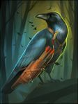  2015 absurd_res arrow avian bird black_feathers bow_(weapon) corvid crow feathers feral forest gaudibuendia harness hi_res leaf quiver ranged_weapon solo tree weapon 