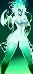  2016 absurd_res areola armwear blue_nipples breasts clothed clothing crossgender fangs featureless_crotch female ghost glowing glowing_eyes green_eyes hair hand_on_hip hi_res humanoid lantern league_of_legends legwear melee_weapon navel nipples not_furry partially_clothed polearm scythe signhereplease simple_background skull smile solo spirit standing stockings thigh_highs thresh video_games weapon 