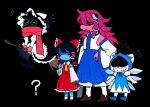  1girl 3boys ? black_background cirno cirno_(cosplay) cosplay crossover deltarune detached_sleeves gloves hakurei_reimu hakurei_reimu_(cosplay) hat ice ice_wings japanese_clothes kirisame_marisa kirisame_marisa_(cosplay) kochiya_sanae kochiya_sanae_(cosplay) kris_(deltarune) lancer_(deltarune) miko multiple_boys nontraditional_miko ralsei scarf soseji_(tjduswjd) susie_(deltarune) tagme wings witch witch_hat 