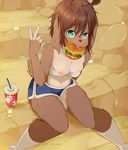  ahoge animal_ears aqua_eyes bandeau blue_shorts blush breasts brown_hair coffeechicken commentary cup disposable_cup dog_ears dog_girl dog_tail drinking_straw eyebrows_visible_through_hair fast_food food from_above furry gym_shorts hair_between_eyes hamburger kess_(coffeechicken) kneehighs looking_at_viewer looking_up medium_breasts mouth_hold navel nipple_slip nipples original paw_print print_cup sesame_seeds shorts sitting solo tail v white_legwear 