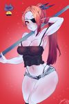  breasts clothing eye_patch eyewear female fish hair hi_res looking_at_viewer mammal marine melee_weapon polearm red_hair signature solo spear undertale undyne unknown_artist unknown_artist_signature video_games weapon 