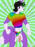  athletic balls black_hair bottomless canine clothed clothing eldiman english_text flaccid fox fur green_hair grin hair hi_res long_penis male mammal nude penis penis_poking_through_underwear penis_through_leghole pride_(disambiguation) pubes purple_fur rainbow red_eyes shirt smile solo text tight_clothing tokami uncut underwear underwear_aside wolf 