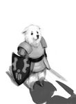  ambiguous_gender armor canine chara_(undertale) dog imminent_death knife lesser_dog mammal melee_weapon monochrome protagonist_(undertale) sad shadow shield simple_background solo sword undertale unknown_artist video_games weapon white_background 