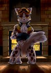 :3 anthro black_nose blue_fur blush bottomless cheek_tuft clothed clothing coat convenient_censorship elbow_tufts eyewear feline fireplace fur goggles harusuke kneeling leopard looking_at_viewer male mammal navel ollie pop&#039;n_music snow_leopard solo tuft yellow_eyes 