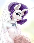  2016 absurd_res anthro anthrofied blue_eyes bouquet breasts cleavage clothed clothing dress elbow_gloves equine female flower friendship_is_magic gloves hair hi_res horn mammal my_little_pony mykegreywolf plant purple_hair rarity_(mlp) solo unicorn wedding_dress 