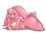  2016 anthro areola big_breasts breasts butt female hi_res lickitung long_tongue looking_at_viewer lying nintendo nipples on_front pok&eacute;mon saliva simple_background solo suirano tongue tongue_out video_games white_background 