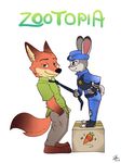  2016 absurd_res anthro barefoot brown_fur brown_tail canine claws clothing cute disney duo female fox fur green_eyes hat hi_res inner_ear_fluff interspecies judy_hopps lagomorph legwear long_ears looking_at_viewer male mammal necktie nick_wilde orange_fur orange_tail police_uniform predator/prey_relations purple_eyes rabbit simple_background size_difference smile smirk socks standing stirrup_socks toe_claws uniform watermark zicker zootopia 