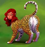  anus beauty_mark blush butt feline female fur hair half-closed_eyes hybrid jaguar looking_at_viewer mammal olive_eyes outta_sync pussy pussy_juice raised_tail red_hair simple_background solo source_request sphinx spots spotted_fur sweat 