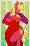  2016 anthro anthrofied areola avante92 big_breasts big_macintosh_(mlp) blonde_hair breasts clothed clothing crossgender cutie_mark dress earth_pony elbow_gloves equine female friendship_is_magic gloves green_eyes hair hair_over_eye hi_res holding_object horse long_hair looking_at_viewer mammal microphone my_little_pony nipples open_mouth pony solo 