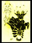  armor aura daddyfox demon eyeball hi_res horn lizard looking_at_viewer male reptile scalie simple_background solo traditional_media_(artwork) yellow_background 
