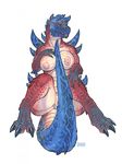  2016 anthro autotailjob blue_eyes breasts brute_wyvern capcom claws dinovaldo female hand_on_breast hi_res iggi looking_at_viewer marker_(artwork) masturbation monster_hunter nipples nude signature simple_background solo spots tail_masturbation toe_claws traditional_media_(artwork) video_games white_background 
