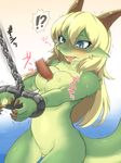  2016 anthro bdsm blonde_hair blue_eyes blush breasts censored disembodied_penis dragon dragon_girl female fur furry hair horn long_hair male nipples nude open_mouth paizuri penis restrained rmtwo sex solo solo_focus tears text titfuck 