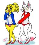  anthro avian awkward bird blue_eyes blush bottomless canine chicken clothed clothing duo eyeshadow female five_nights_at_freddy&#039;s five_nights_at_freddy&#039;s_2 fox furrification hi_res high_heels inkyfrog jacket lipstick looking_at_viewer makeup mammal mangle_(fnaf) panties sound_effects toy_chica_(fnaf) underwear video_games yellow_eyes 