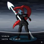  abstract_background armor clothed clothing english_text eye_patch eyewear fish goobermation hair low_res marine melee_weapon nintendo pok&eacute;ball pok&eacute;mon polearm red_hair solo spear text undertale undyne video_games weapon 