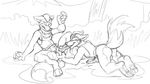  balls bottomless canine clothed clothing cum digital_drawing_(artwork) digital_media_(artwork) duo eyes_closed fellatio fox_mccloud furfragged knot male male/male mammal nintendo oral outside penis sex sitting smile star_fox video_games wolf wolf_o&#039;donnell 