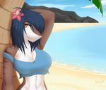  anthro beach big_breasts breasts clothed clothing female fish half-closed_eyes looking_at_viewer marine navel off_shoulder outside palm_tree seaside shark slit_pupils smile solo teeth tree xaenyth 