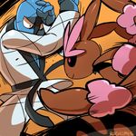  battle black_sclera blocking blue_skin duel gen_4_pokemon gen_5_pokemon lopunny mega_lopunny mega_pokemon no_humans nyaph pink_eyes pokemon pokemon_(creature) sawk 