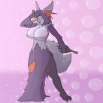  2016 abstract_background alternate_color big_breasts breasts bxulnooxgard canine cleavage clothed clothing delphox female fluffy_tail fox glass hair hair_over_eye huge_breasts inner_ear_fluff looking_at_viewer mammal nintendo orange_eyes pok&eacute;mon potion shiny_pok&eacute;mon skirt solo video_games wand 