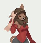  brown_hair dogma duo ecaflip eyes_closed feline female hair humanoid mammal miranda petting simple_background solo_focus wakfu white_background 