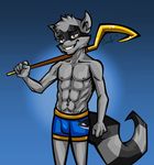  abs anthro brown_eyes bulge cane clothed clothing front_view grin looking_at_viewer male mammal mask muscular nipples pecs raccoon ringed_tail sly_cooper sly_cooper_(series) smile solo standing topless underwear unknown_artist video_games 
