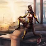  absurd_res anthro antlers armor breasts canine cervine clothed clothing deer detailed_background eleacat female hi_res horn hybrid mammal nipple_piercing nipples outside piercing signature solo wolf 