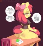  2016 anthro anthrofied apple apple_bloom_(mlp) bluebreed blush body_writing bottomless butt chair clothed clothing dialogue earth_pony english_text equine female food friendship_is_magic fruit hair hair_bow hair_ribbon half-closed_eyes horse looking_at_viewer mammal my_little_pony patreon pony ribbons sitting smile solo table text 