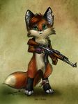  ambiguous_gender anthro bandage blood canine clothing fingerless_gloves fox gloves green_eyes gun mammal pm_md_63 ranged_weapon simple_background solo standing tatujapa weapon 