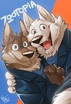  2016 black_wolf_(zootopia) blue_eyes brown_eyes brown_fur canine clothed clothing disney duo fur harry_(zootopia) hi_res looking_at_viewer male mammal selfie smile takemoto_arashi white_fur wolf zootopia 