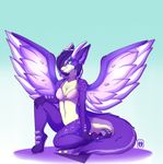  anthro bra breasts clothing dragon female horn hybrid looking_at_viewer navel pinkushika simple_background smile solo underwear wings 