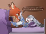  &lt;3 2016 anthro bed blush canine claws clothing dialogue disney female fox fur green_eyes half-closed_eyes happy interspecies judy_hopps lagomorph licking lying male mammal midriff navel navel_licking nick_wilde on_back on_bed one_eye_closed pajamas pillow predator/prey_relations purple_eyes rabbit tongue tongue_out zootopia 