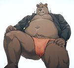  anthro balls bear brown_fur bulge butt clothed clothing fundoshi fur jacket japanese_clothing male mammal oak orchish_(pixiv) simple_background solo underwear white_background 
