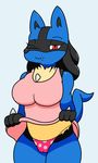  2016 anthro big_breasts blue_fur breasts camel_toe canine clothed clothing clothing_lift digital_media_(artwork) dog dress female fur hi_res looking_at_viewer lucario mammal mr.under nintendo panties pok&eacute;mon red_eyes simple_background skirt skirt_lift smile solo spikes thick_thighs underwear video_games 
