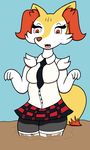  2016 anthro anthrofied big_breasts black_fur blush braixen breasts canine clothed clothing digital_media_(artwork) dirty female fox fur hi_res mammal mr.under mud nintendo open_mouth outside pok&eacute;mon red_eyes simple_background skirt solo thick_thighs uniform video_games yellow_fur 