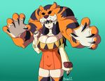  beanie big_breasts black_hair breasts briantwelve brown_eyes cerebella claws cleavage clothed clothing cosplay feline female gradient_background hair hat huge_breasts human indivisible mammal pelt razmi sharp_teeth signature simple_background skullgirls solo teeth tiger 