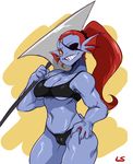  5_fingers anthro blue_skin bra breasts camel_toe cleavage clothed clothing ear_fins eye_patch eyewear female fin fish hair lightsource marine melee_weapon monster muscular muscular_female navel panties polearm red_hair sharp_teeth smile solo spear teeth under_boob undertale underwear undyne video_games weapon 