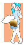  blue_hair blue_onsie blush canine diaper feces female fur hair invalid_tag looking_at_viewer mammal messy_diaper onsie open_flap pink_nose scat smile white_fur wolf 