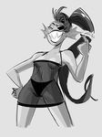  beckoning breasts brokenlynx21 clothing eye_patch eyewear female lingerie looking_at_viewer monochrome ponytail solo undertale undyne video_games 