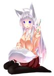  animal_humanoid blue_eyes blush bow breasts brush canine clothed clothing female fox fox_humanoid hair humanoid inner_ear_fluff long_hair looking_at_viewer mammal open_mouth simple_background sitting skirt solo 秋暁 