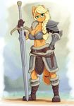  2016 abs anthro anthrofied applejack_(mlp) armor braided_hair breasts broadsword cleavage clothed clothing equine female friendship_is_magic hair hand_on_hip horse longsword mammal melee_weapon my_little_pony navel pony pose scar skecchiart solo sword unconvincing_armor weapon 