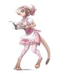  anthro beverage clothing female food hi_res iwbitu maid_uniform mammal meerkat mongoose open_mouth simple_background solo teeth tongue uniform white_background 