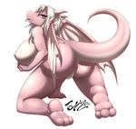  2015 3_toes 5_fingers all_fours anthro anus big_breasts big_butt blue_eyes breast_grab breasts butt dragon erect_nipples female hair hand_on_breast hi_res hindpaw horn huge_breasts huge_butt looking_at_viewer looking_back nipples paws pink_scales pussy rear_view scales scalie simple_background soles solo tailzkim toes tongue tongue_out watermark white_background white_hair wings 