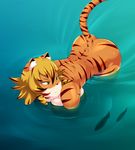  absurd_res anthro bathing big_breasts big_butt blonde_hair breasts brown_fur brown_hair brown_stripes butt feline female fish fur green_eyes hair hi_res high-angle_view mammal marine multicolored_fur multicolored_hair orange_fur outside partially_submerged saffron_(safurantora) safurantora solo stripes text tiger two_tone_hair water white_fur 