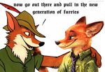  anthro canine crossover dialogue disney duo english_text fox fur hat kenket male mammal nick_wilde orange_fur robin_hood smile text zootopia 