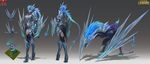  absurd_res armor blue_hair clothing concept_art dragon female feral footwear hair headwear hi_res human league_of_legends mammal melee_weapon navel ponytail shyvana solo text video_games weapon wide_hips wings zeronis 
