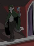 adolf_dukov_wolff bag canine claws cloak clothing fur green_eyes grey_fur jewelry mammal medieval metal_(artist) night out_side pants pawpads pink_nose smirk solo thief twink white_fur window wolf 
