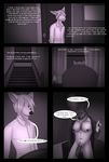  2016 age_difference animal_genitalia animal_penis anthro balls big_balls black_nose blue_eyes canine cigarette clothing comic dialogue duo english_text farris fox from_behind_position fur gloebis green_eyes hair hi_res kaylin lying male mammal monochrome nipples nude older_male on_front penis sex shirt size_difference smoking speech_bubble text the_dread_fall uncut white_fur white_hair wolf young younger_male 