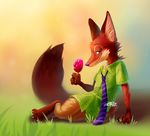  anthro arm_support canine clothed clothing cornu disney food fox grass green_eyes male mammal necktie nick_wilde smile solo zootopia 