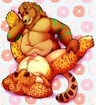  2016 4_toes anthro belly benjamin_clawhauser black_fur brown_fur cheetah claws disney doughnut duo feline food fur green_fur green_stripes hi_res hindpaw interspecies licking licking_lips lying male male/male mammal missionary_position multicolored_fur nude on_back orange_fur overweight pattern_background paws raised_leg sex simple_background spots stripes stupidoreo tan_fur toe_claws toes tongue tongue_out two_tone_fur zootopia 